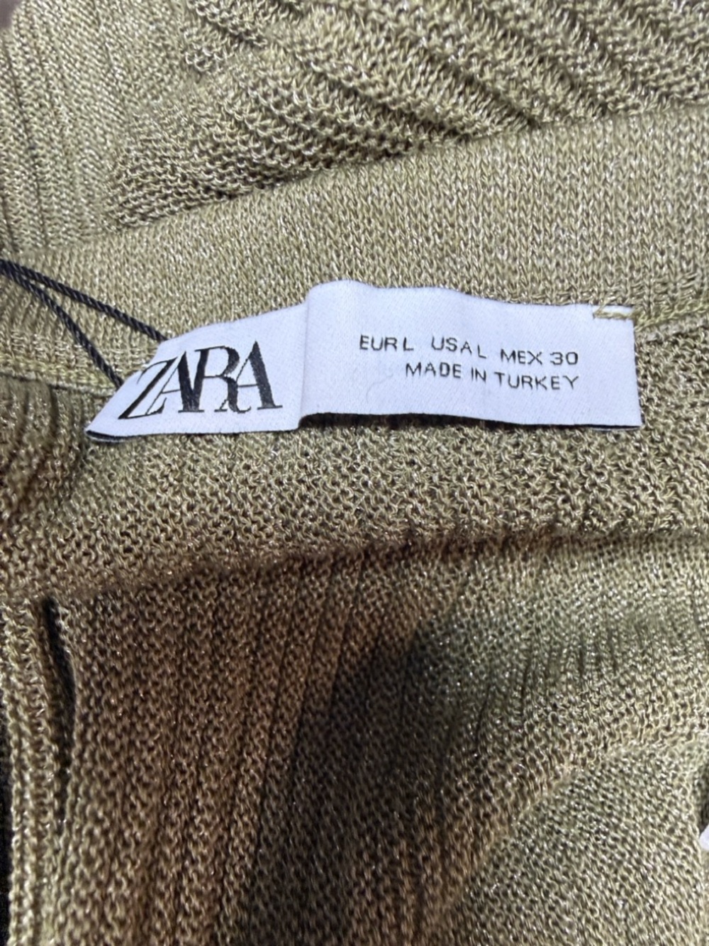 Zara Midi Skirt in Olive Green Shimmer Ribbed Sz Large - Picture 2 of 8
